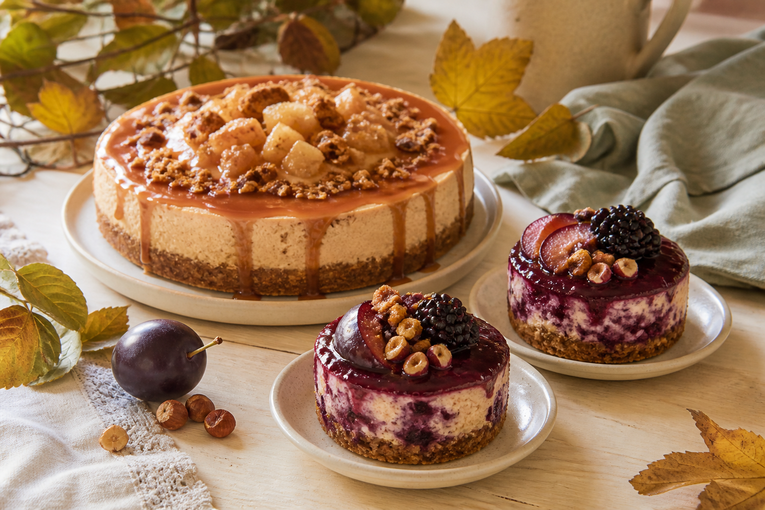 Autumn apple and damson cheesecakes